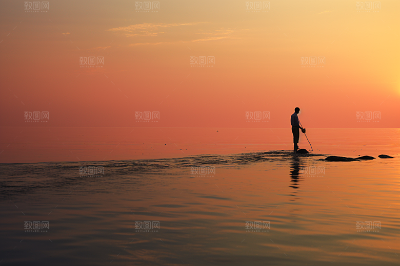 海边赶海潮汐落日摄影图