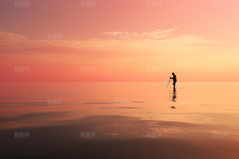 海边赶海落日渔获摄影图
