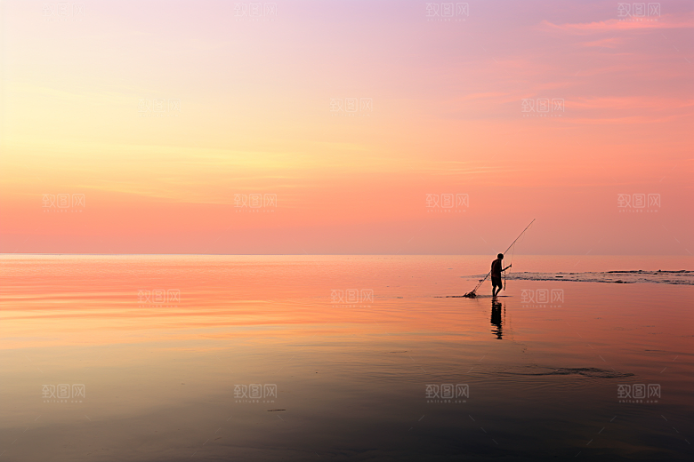 海边赶海清晨夕阳摄影图