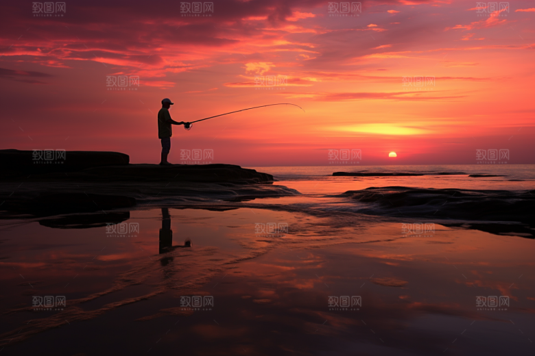 海边赶海滩涂夕阳摄影图