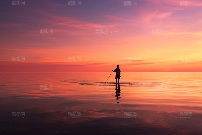 海边赶海夕阳落日摄影图