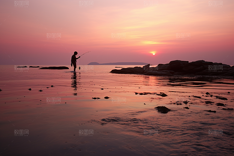 海边赶海礁石夕阳摄影图