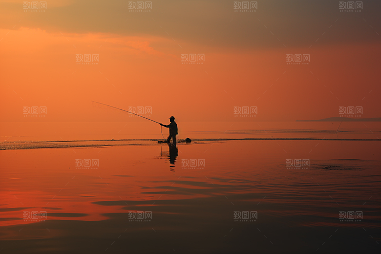 海边赶海落潮余晖摄影图