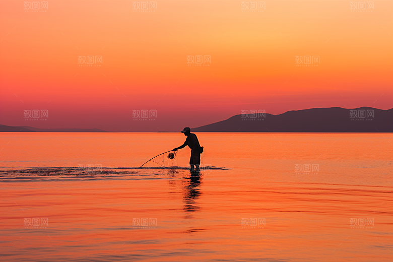 海边赶海潮汐余晖摄影图