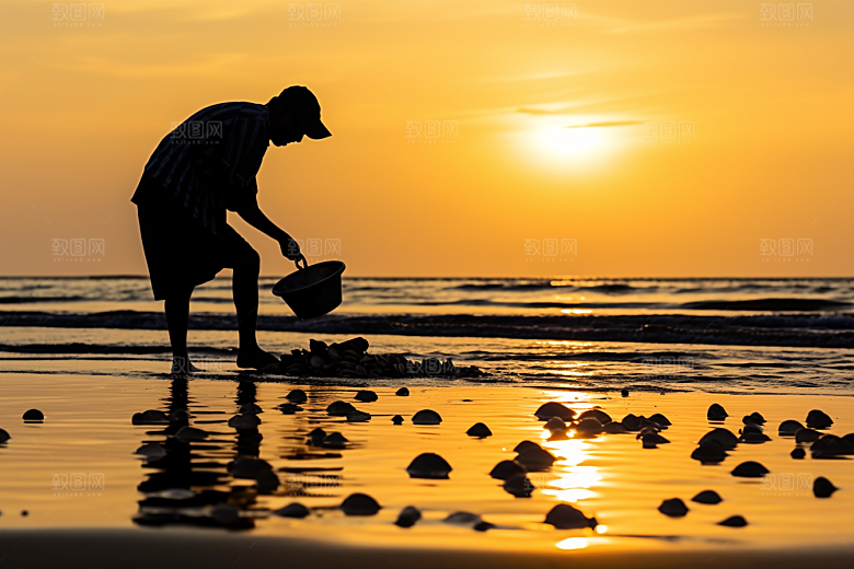 海边赶海夕阳潮汐摄影图