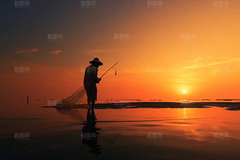 海边赶海落日黎明摄影图
