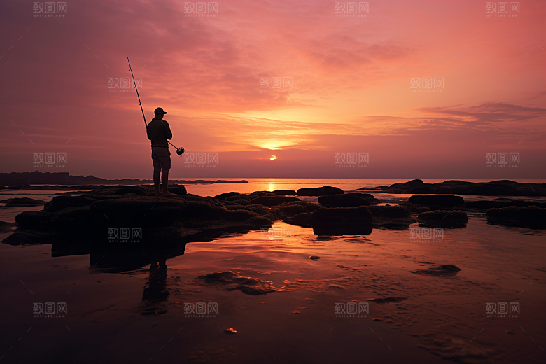 海边赶海渔获夕阳摄影图