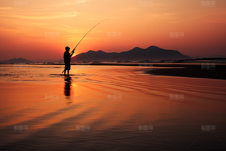 海边赶海渔获余晖摄影图