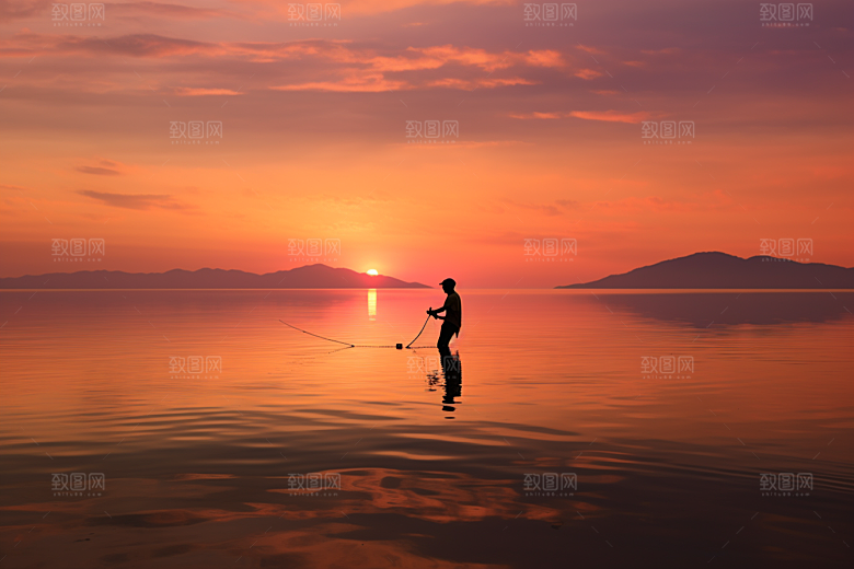 海边赶海余晖落潮摄影图