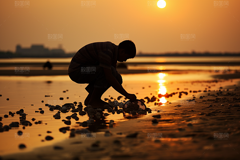 海边赶海海滩捕捞摄影图