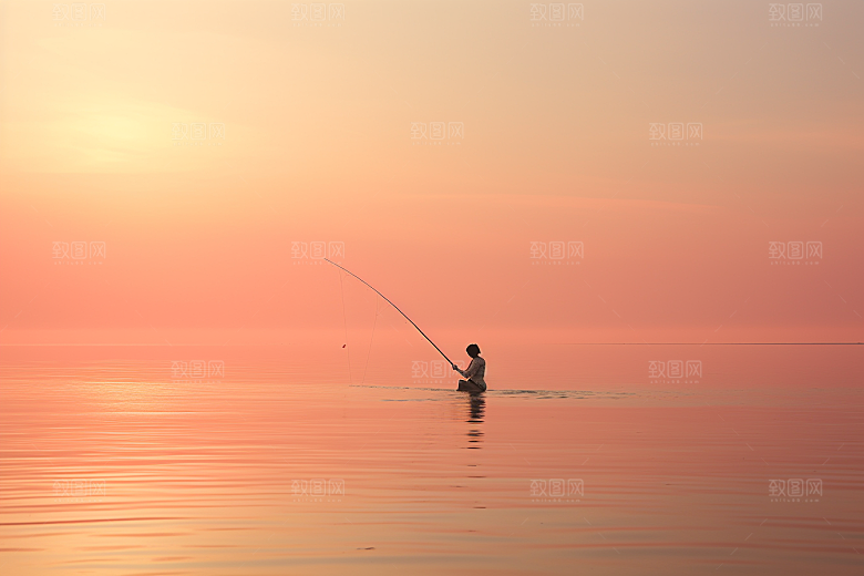 海边赶海夕阳渔获摄影图
