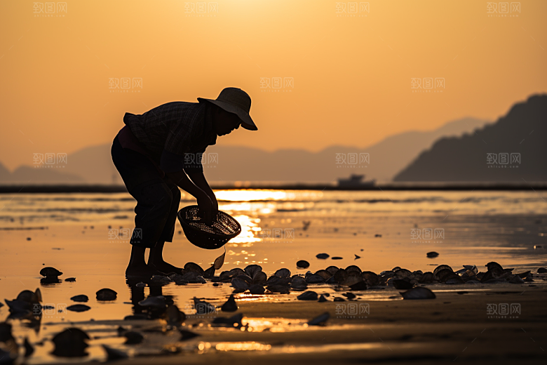 海边赶海清晨渔获摄影图