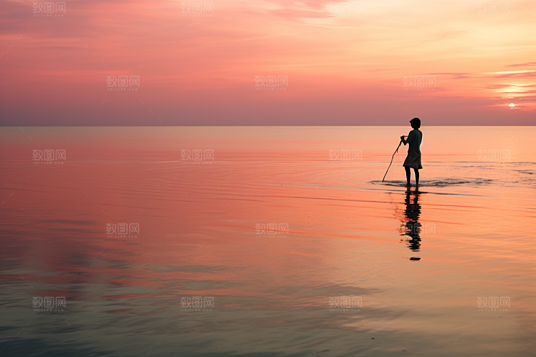 海边赶海清晨落潮摄影图