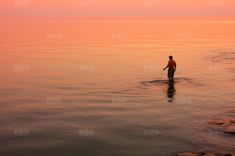 海边赶海余晖捕捞摄影图