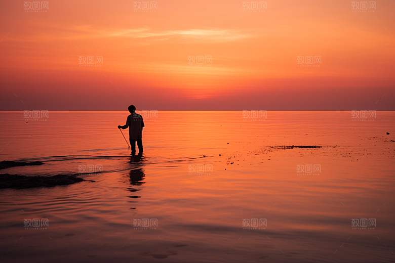 海边赶海余晖捕捞摄影图