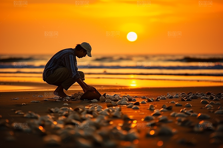 海边赶海清晨余晖摄影图