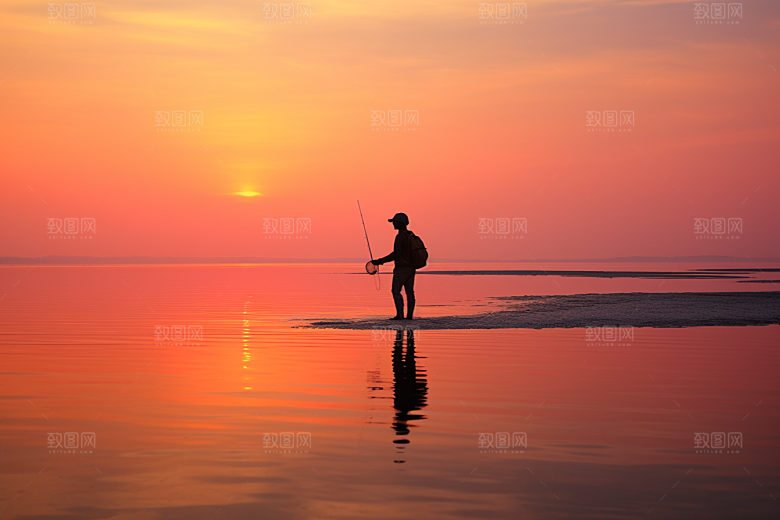 海边赶海落潮清晨摄影图