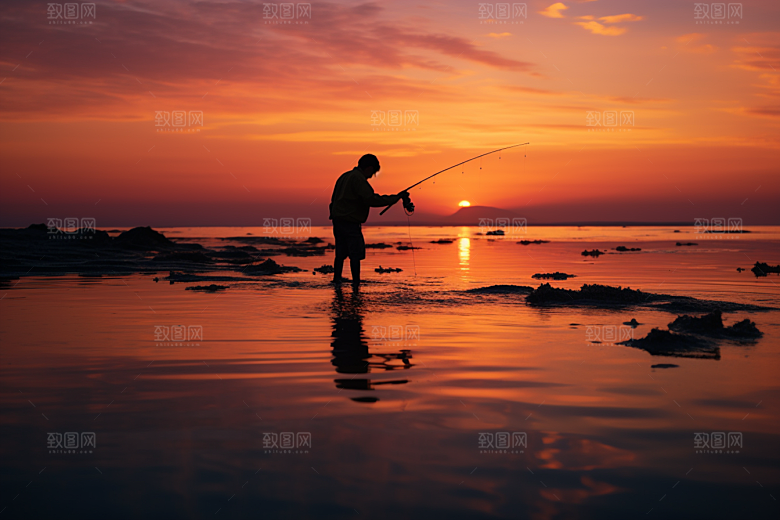 海边赶海潮汐落日摄影图