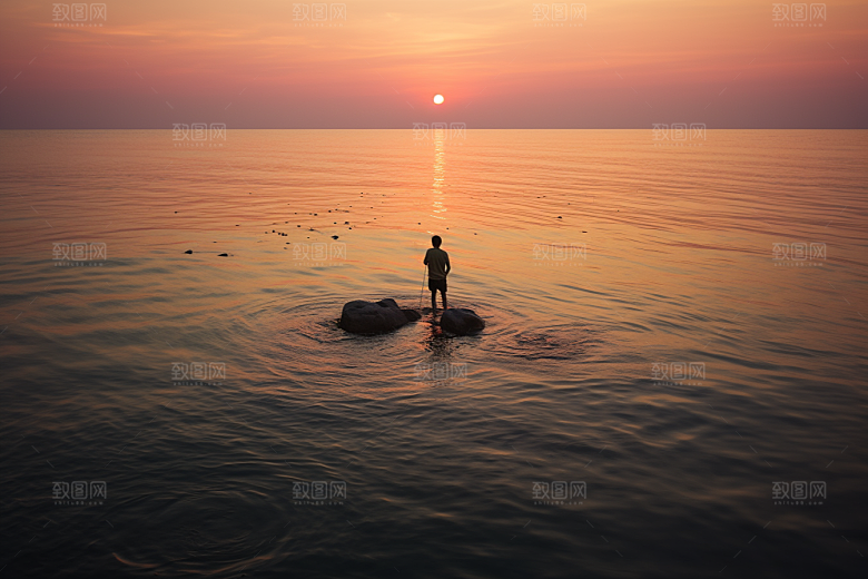 海边赶海清晨落日摄影图
