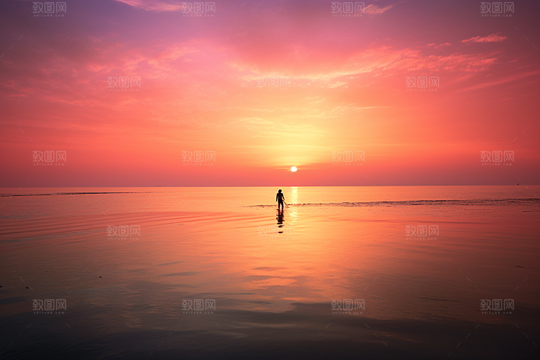 海边赶海捕捞余晖摄影图