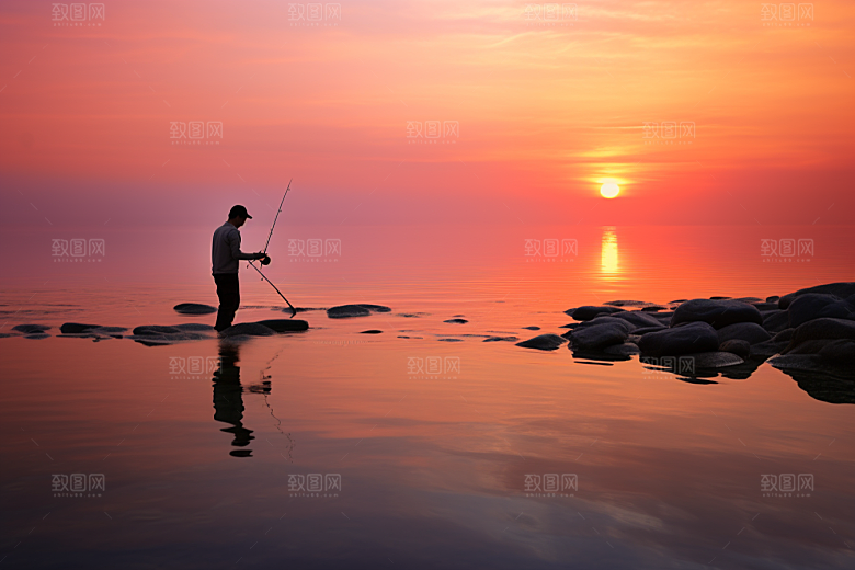 海边赶海渔获清晨摄影图