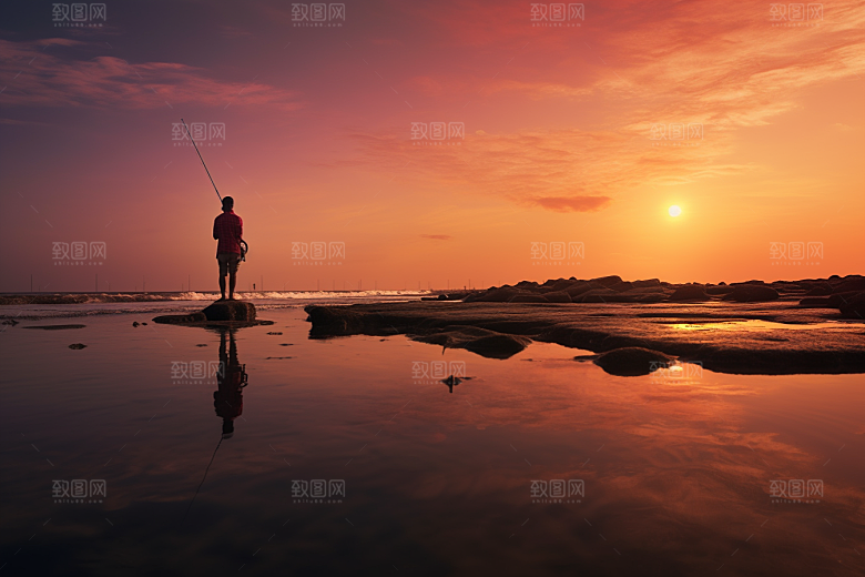 海边赶海落潮落日摄影图