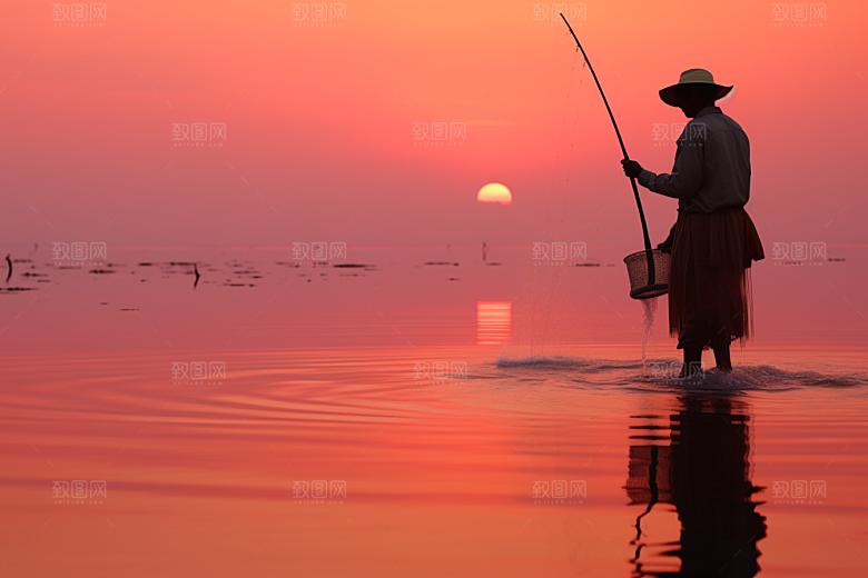 海边赶海潮汐落日摄影图