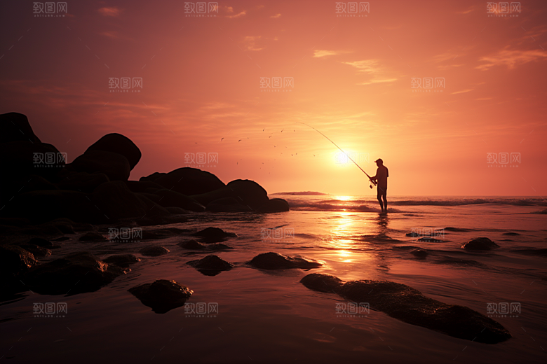 海边赶海夕阳落日摄影图