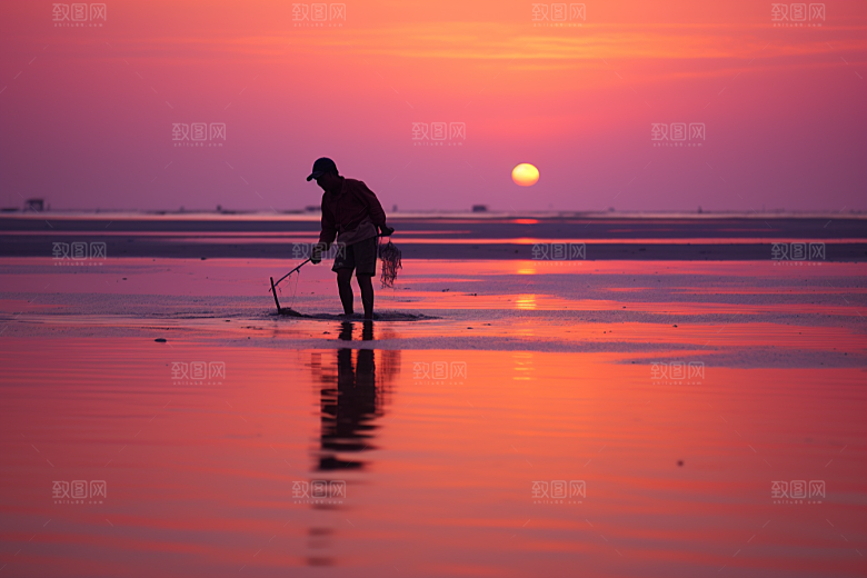 海边赶海海货落日摄影图