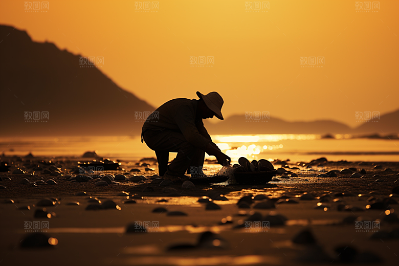 海边赶海黎明清晨摄影图