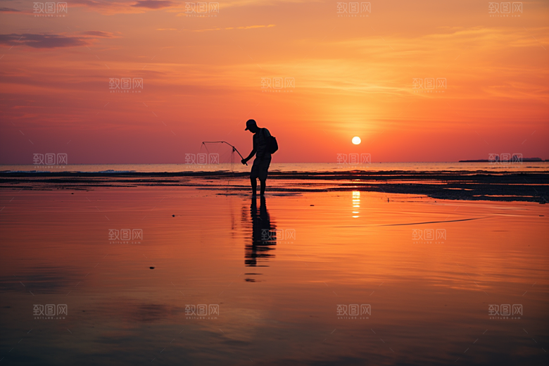 海边赶海高清余晖摄影图