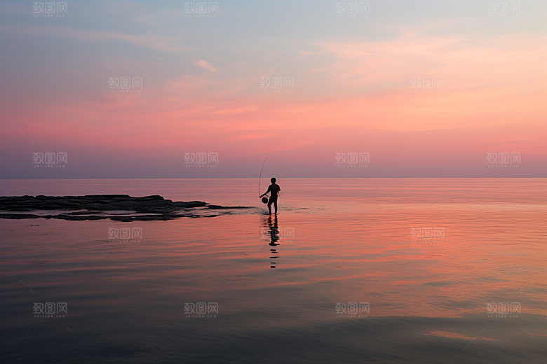 海边赶海礁石落日摄影图