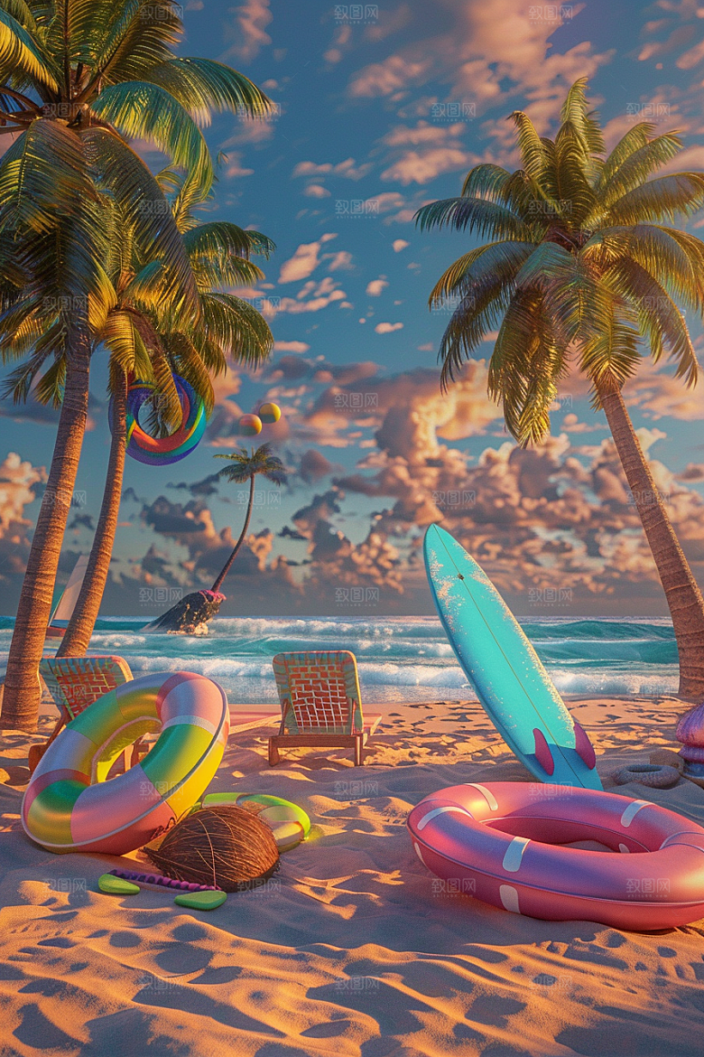 C4D海滩大海夏天模型