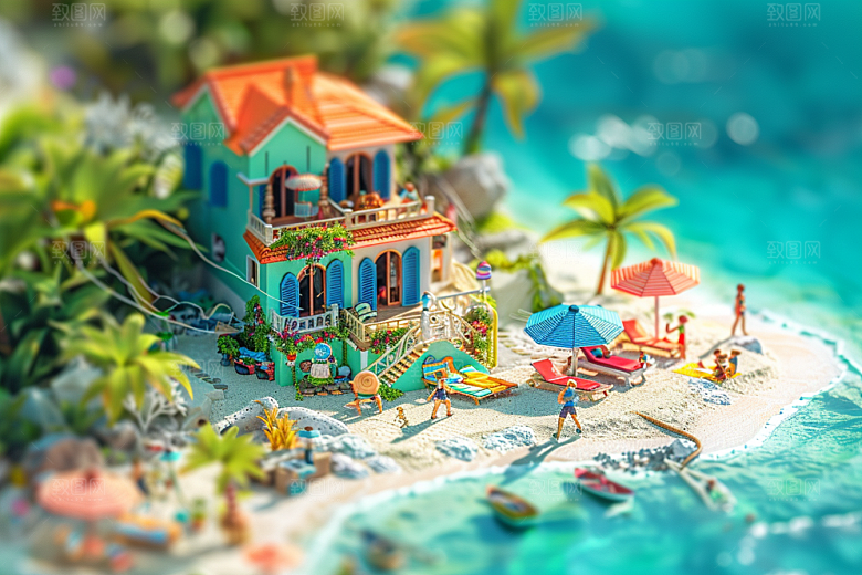 C4D海滩3D琉璃大海模型