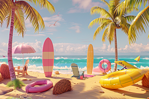 C4D海滩风光夏天模型