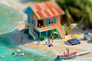 C4D海滩薄荷色海岛旅游模型