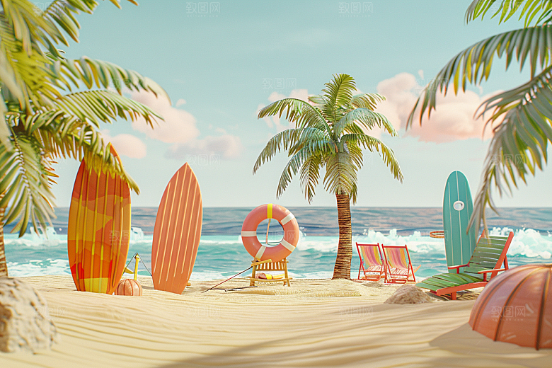 C4D海滩风光夏日模型