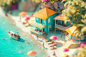 C4D海滩琉璃大海立体模型