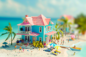 C4D海滩琉璃大海海岛旅游模型