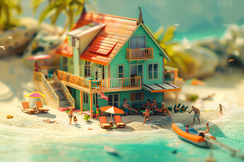 C4D海滩3D夏天模型