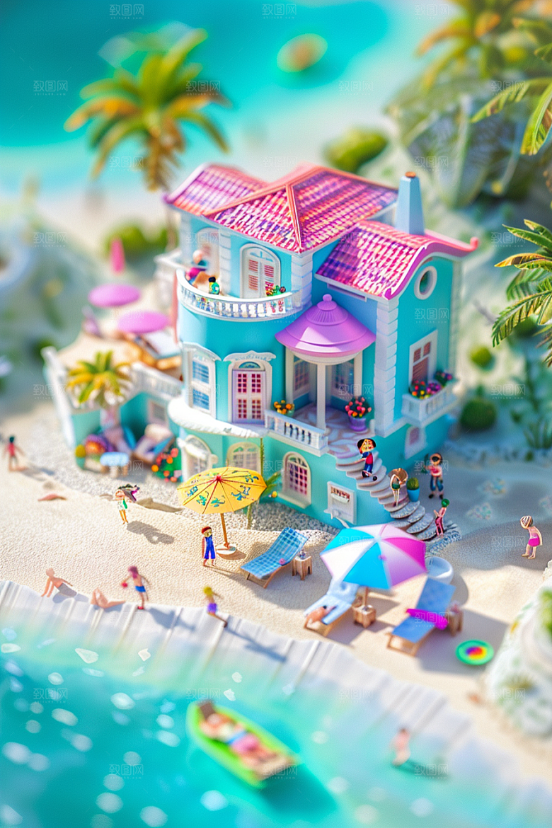 C4D海滩琉璃大海风光模型