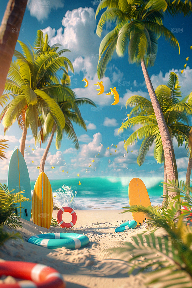 C4D海滩风光大海模型