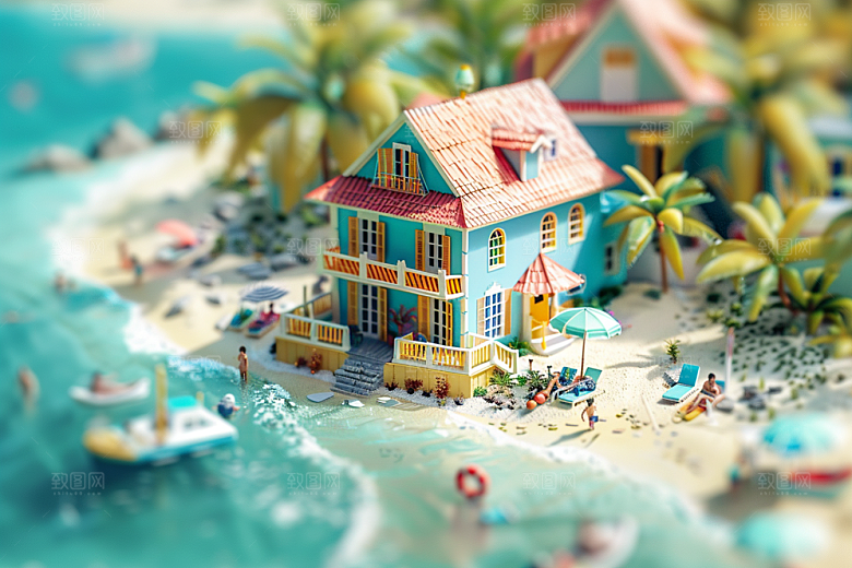 C4D海滩3D夏天模型