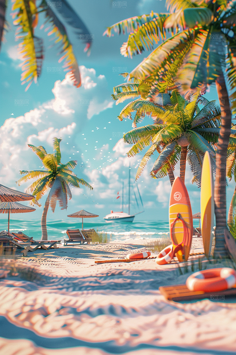 C4D海滩自然夏日模型