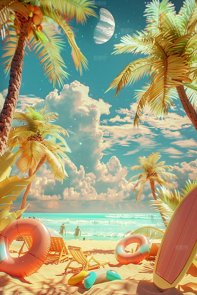 C4D海滩琉璃大海立体模型