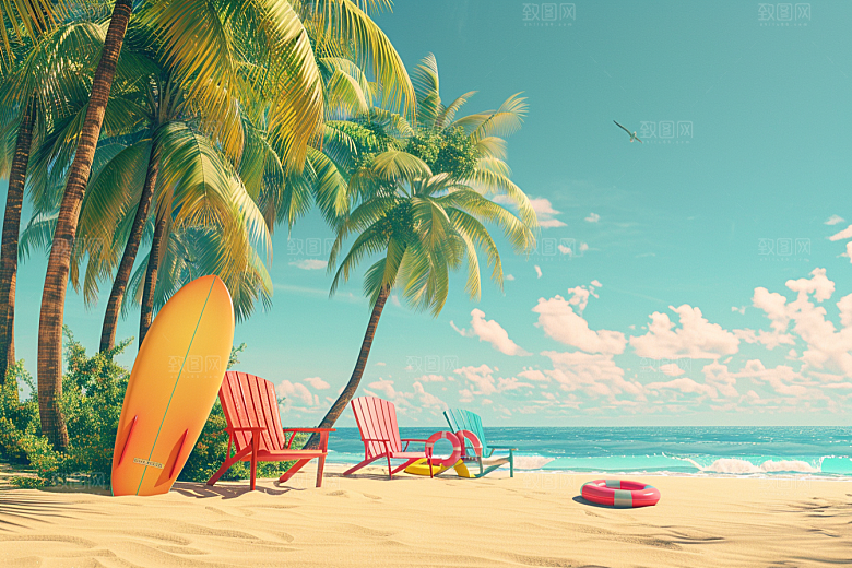 C4D海滩自然夏日模型