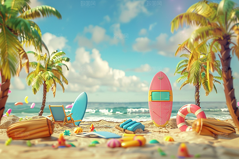 C4D海滩大海夏日模型