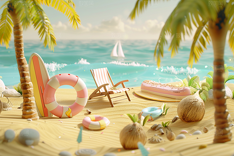 C4D海滩夏天自然模型