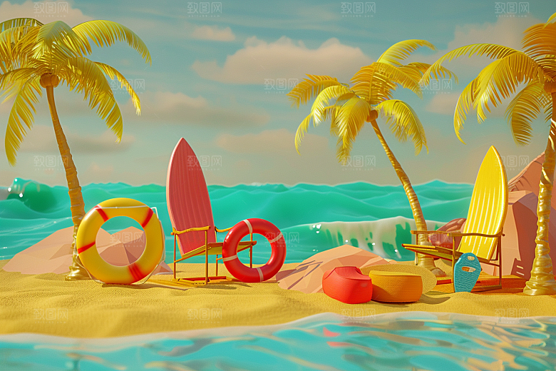 C4D海滩沙滩夏天模型