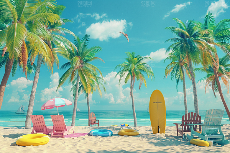 C4D海滩琉璃大海度假模型
